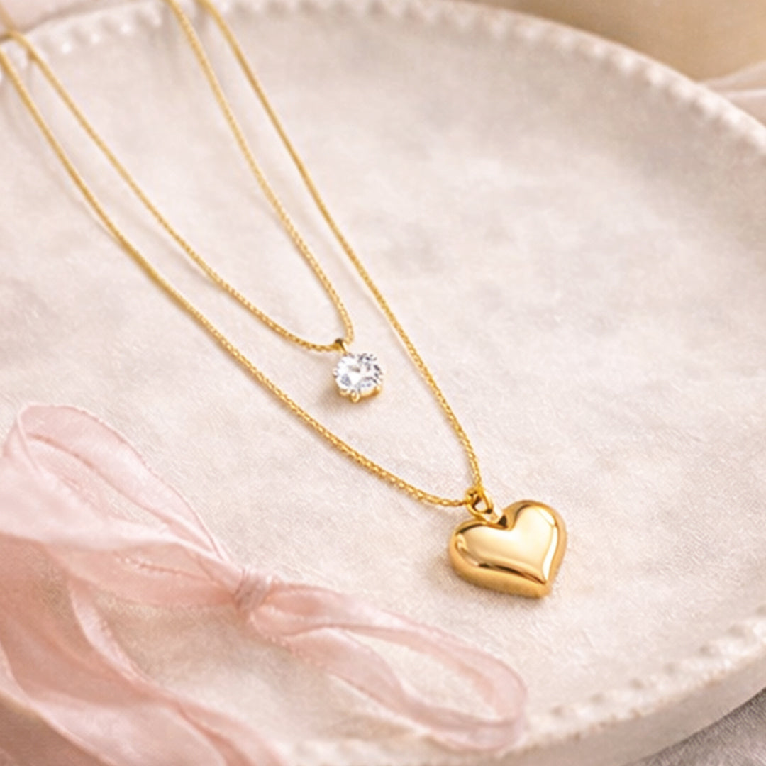 Suwasna Dual Layer Chain with White Jarkan & Heart-Shape Pendant | Timeless Anti-Tarnish Jewellery
