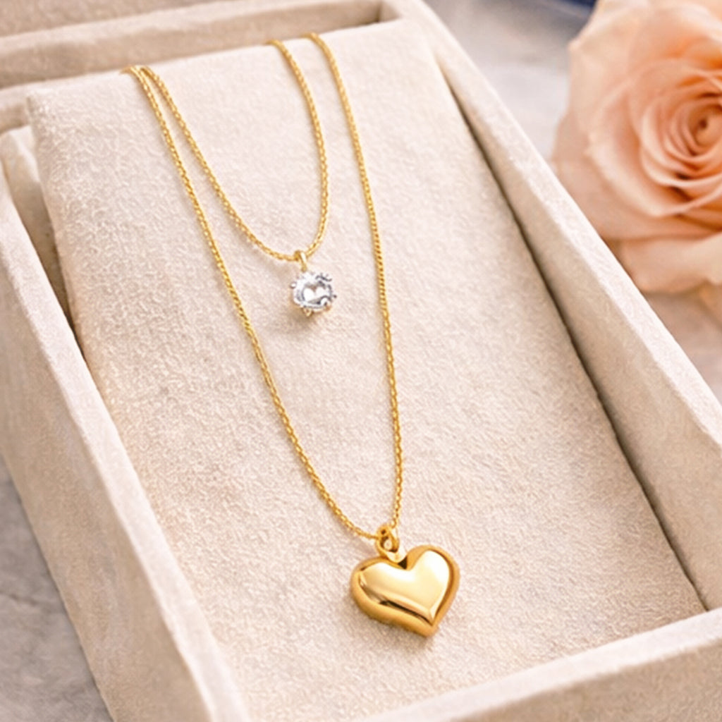 Suwasna Dual Layer Chain with White Jarkan & Heart-Shape Pendant | Timeless Anti-Tarnish Jewellery
