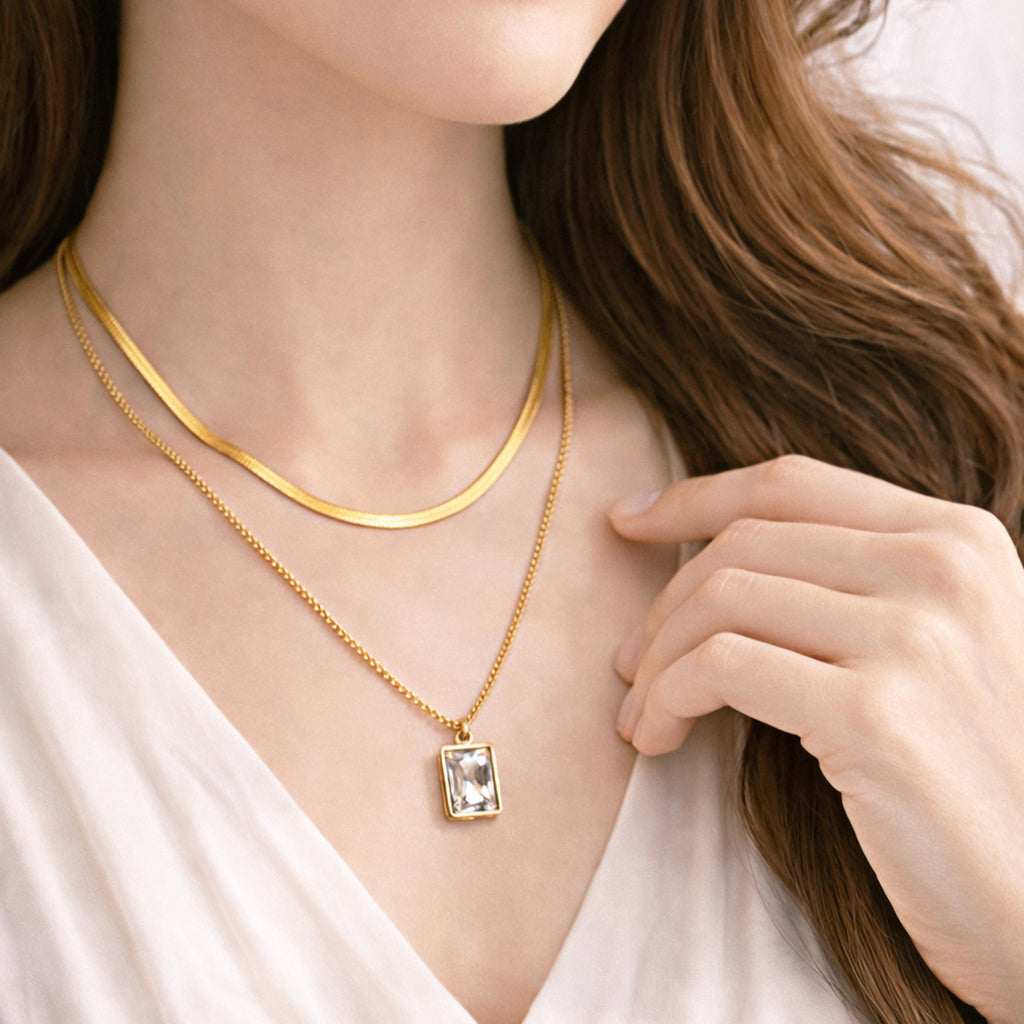 Suwasna Dual Layer Chain with White Pendant | Timeless Anti-Tarnish Jewellery