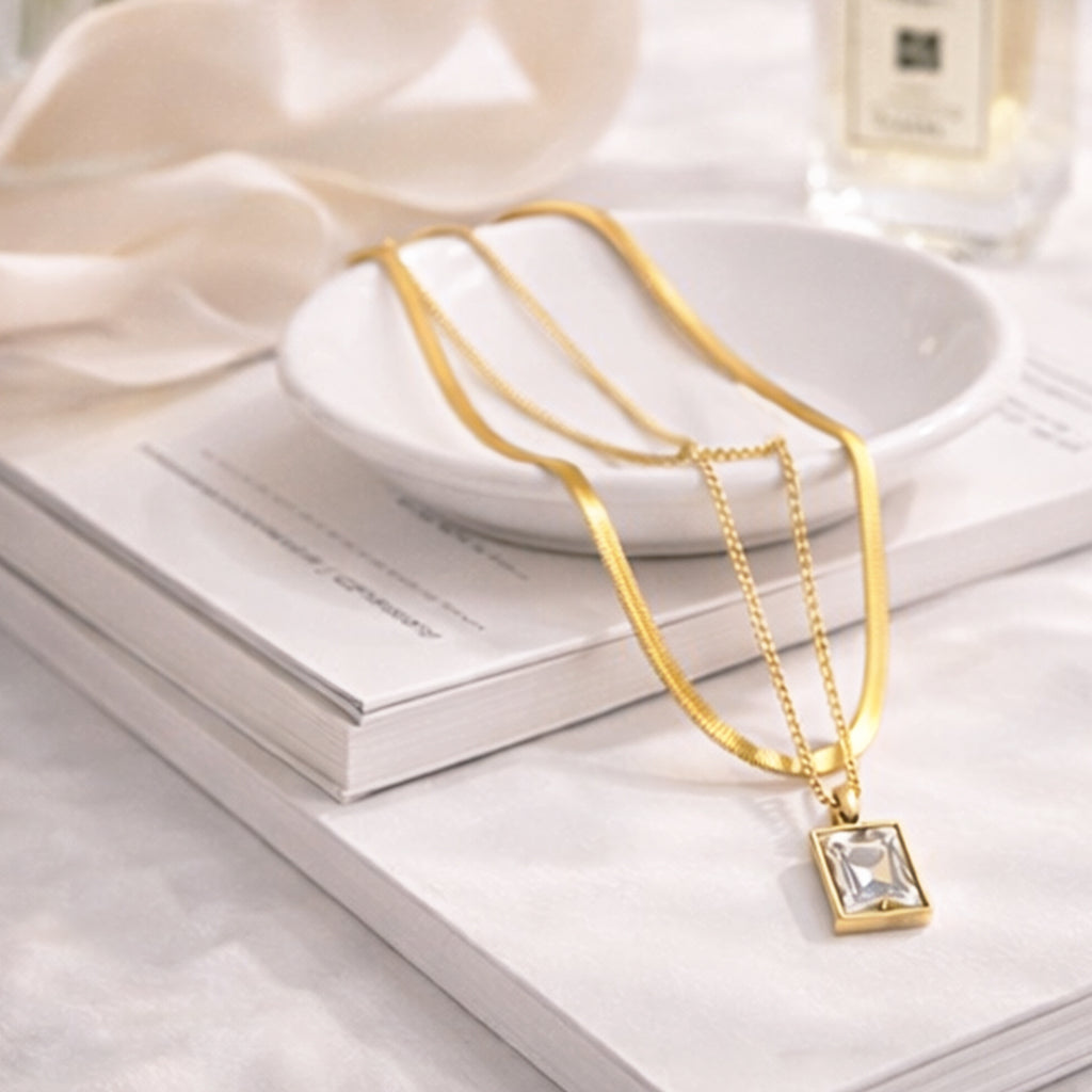 Suwasna Dual Layer Chain with White Pendant | Timeless Anti-Tarnish Jewellery