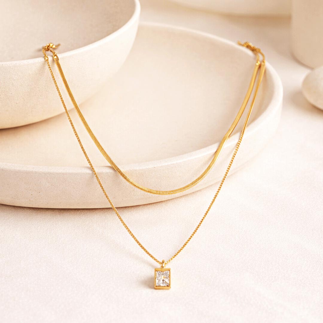 Suwasna Dual Layer Chain with White Pendant | Timeless Anti-Tarnish Jewellery