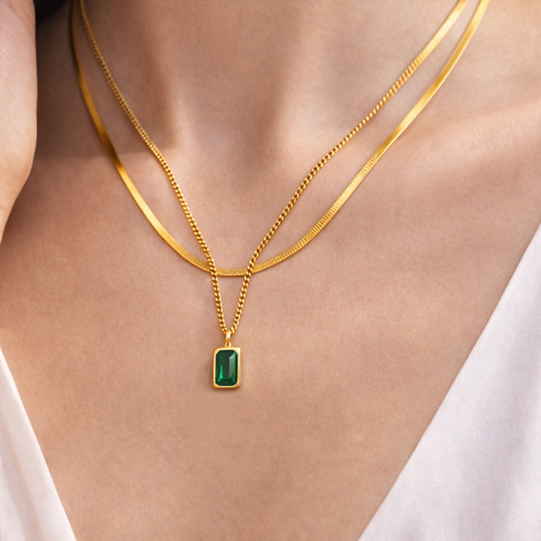 Suwasna Dual Layer Chain with Emerald Green Pendant | Timeless Anti-Tarnish Jewellery