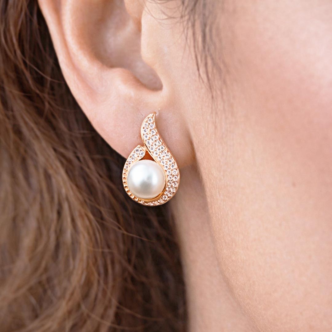 Suwasna AD Stone Pearl Swirl Stud Earrings | Elegant Modern Designer Jewellery