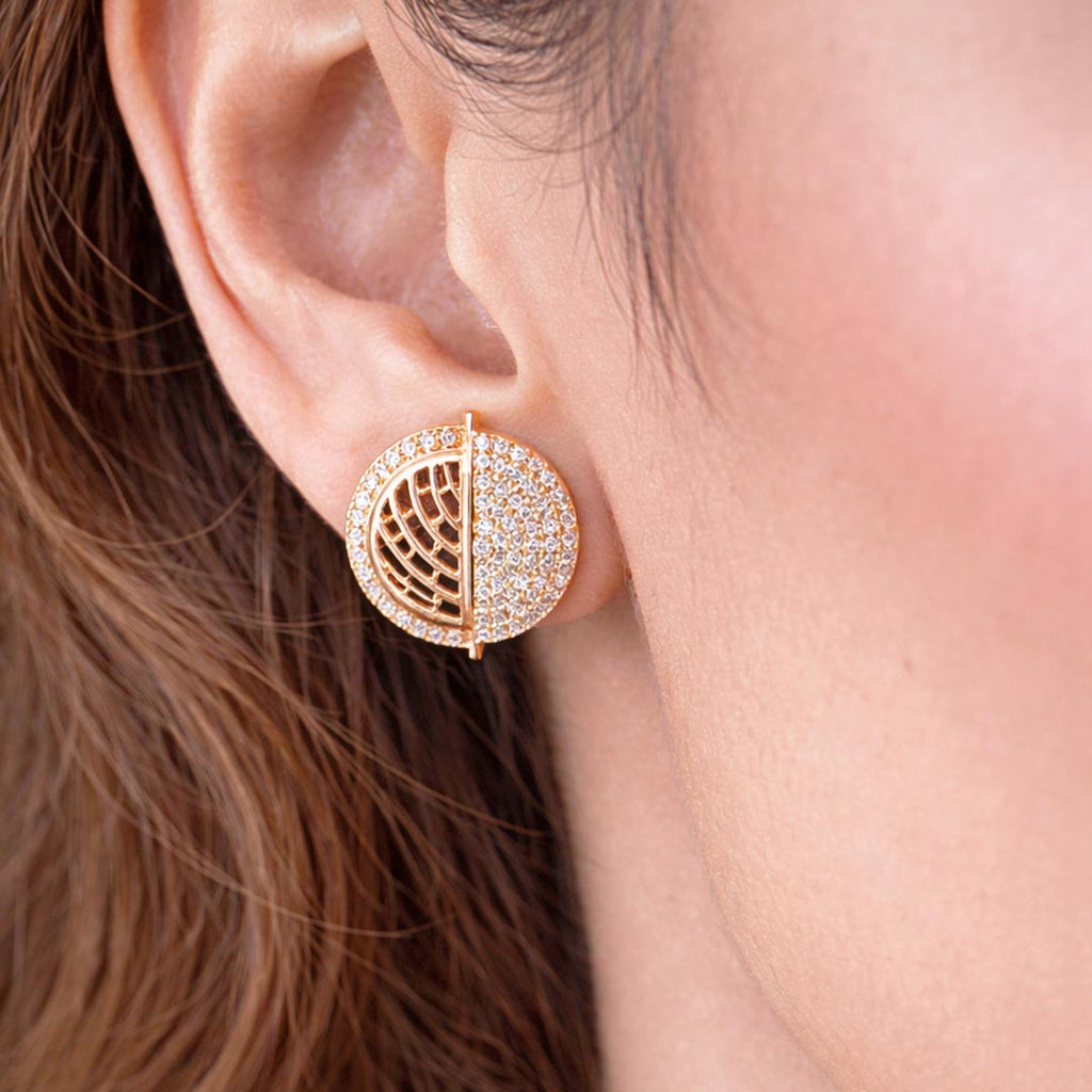 Suwasna Dual Half Circle AD Stone Stud Earrings | Modern Elegant Designer Jewellery