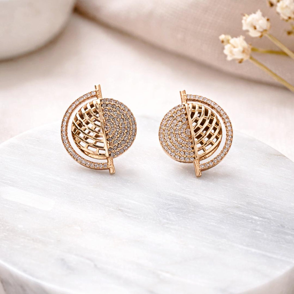 Suwasna Dual Half Circle AD Stone Stud Earrings | Modern Elegant Designer Jewellery