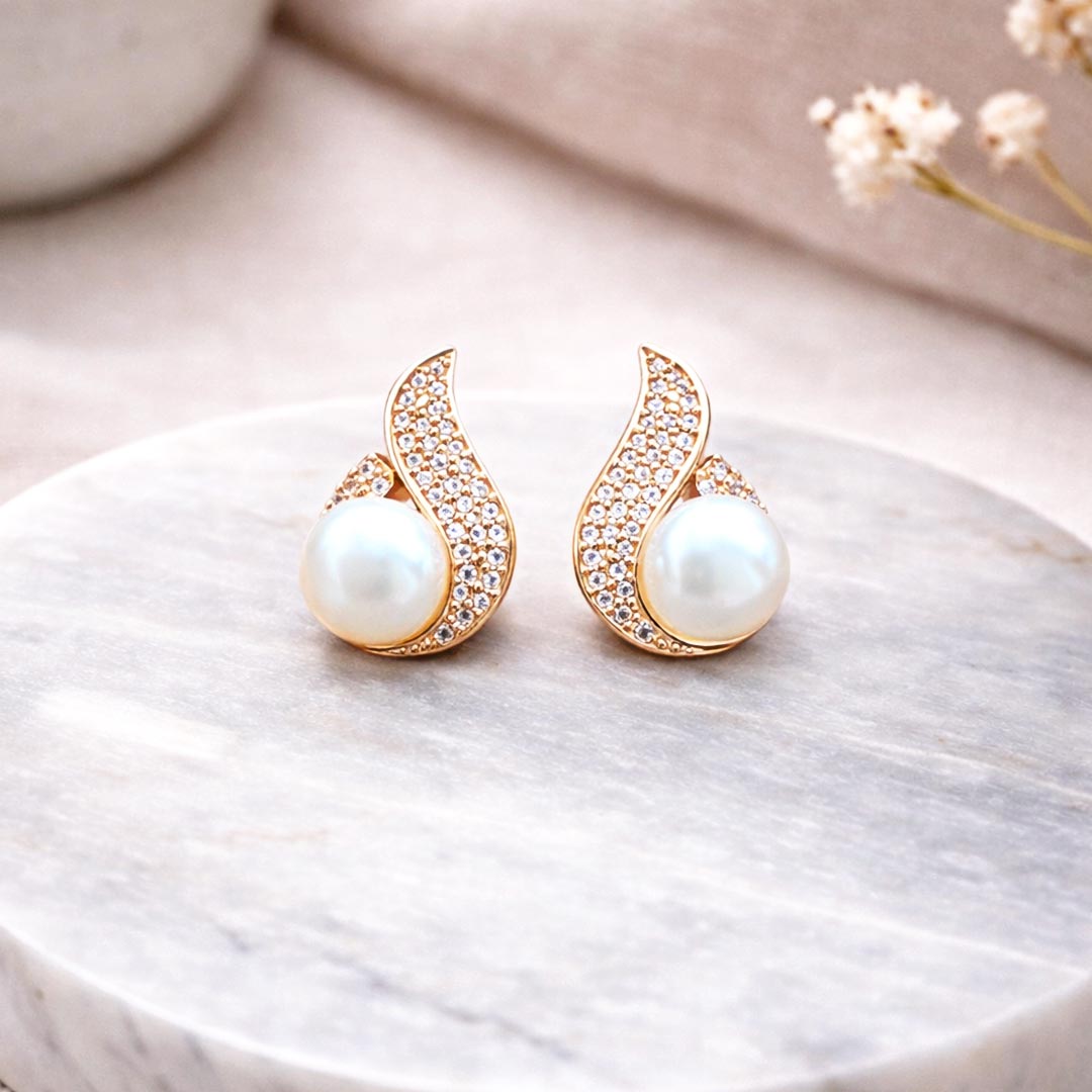 Suwasna AD Stone Pearl Swirl Stud Earrings | Elegant Modern Designer Jewellery