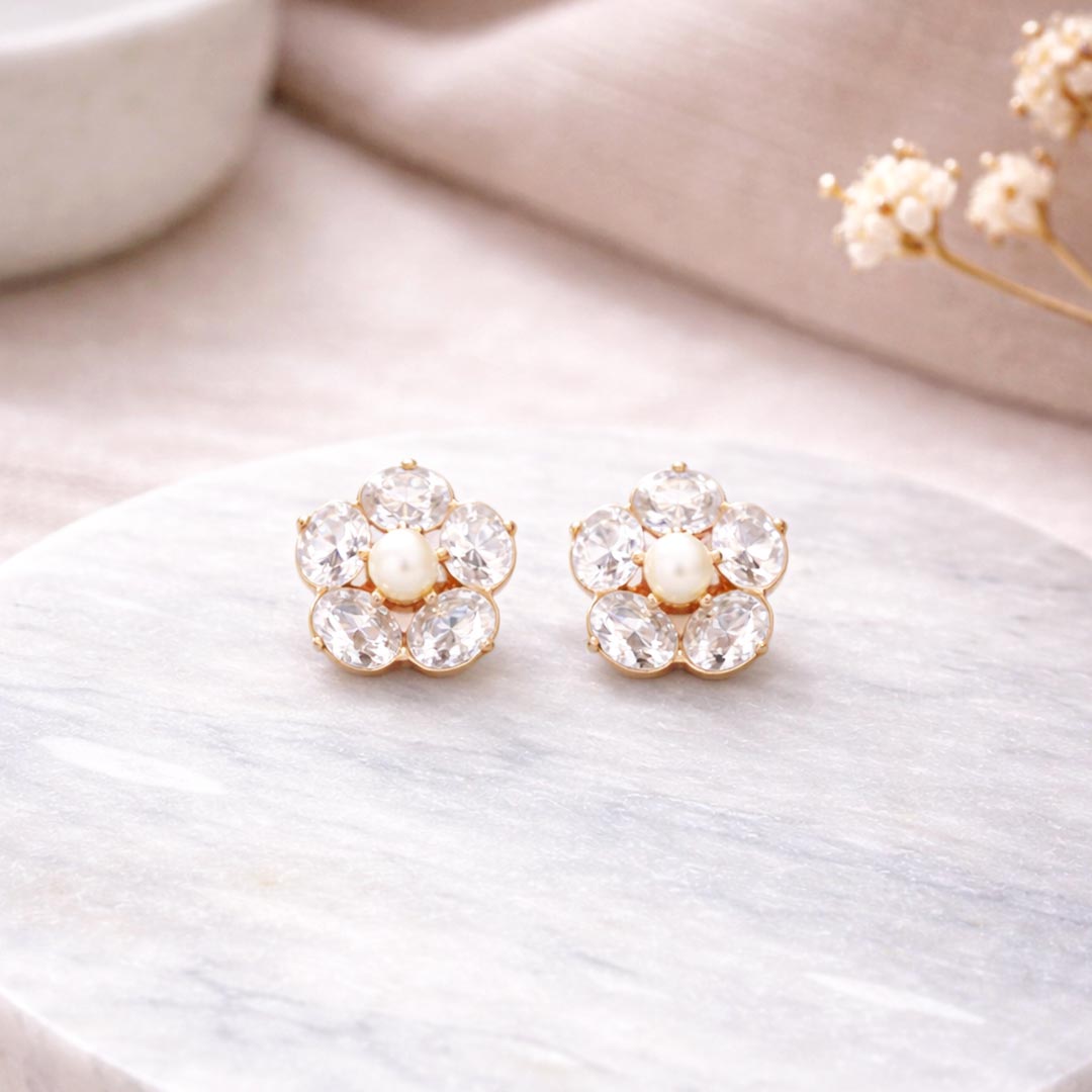 Suwasna AD Stone & Pearl Floral Earrings for Women | Elegant Designer Modern Style