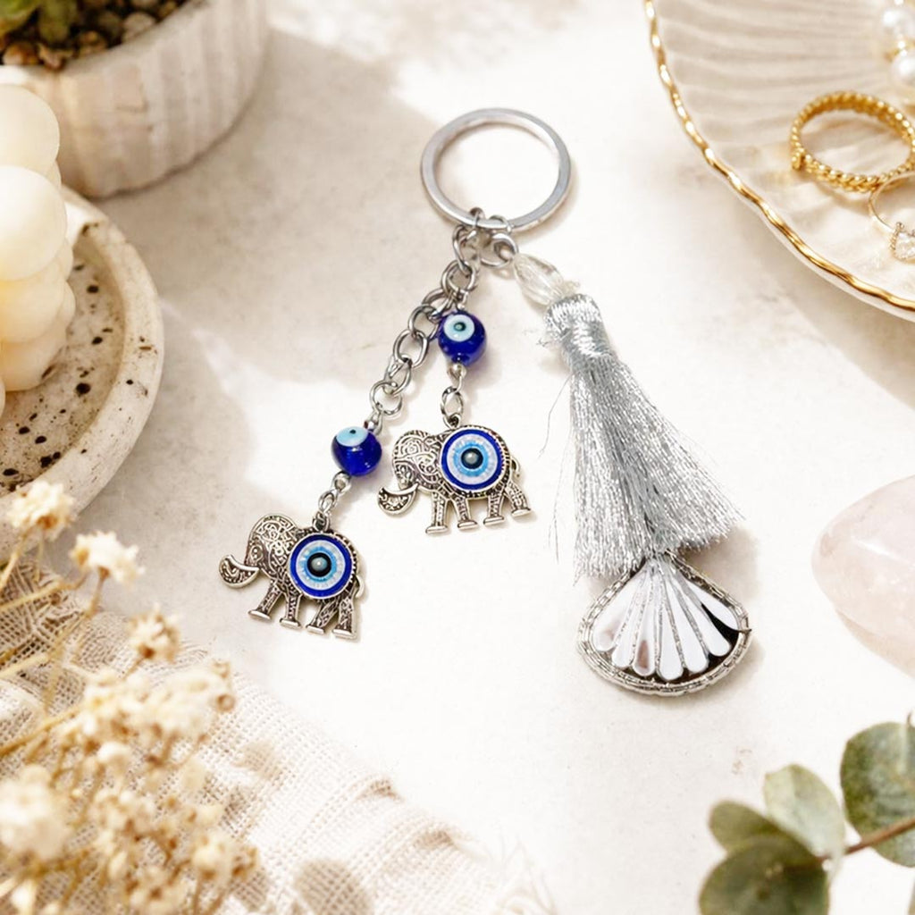 Suwasna Metal Evil Eye Elephant Bag Charm & Keychain with Mirror Tassel