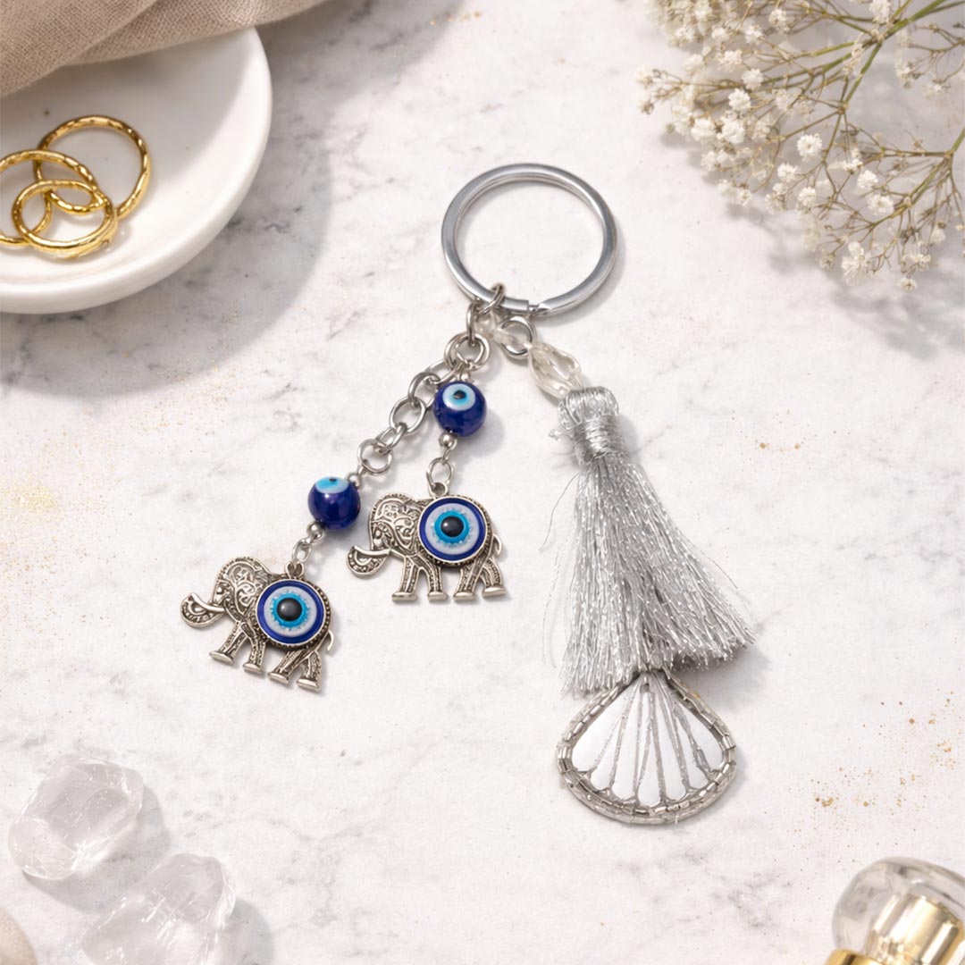 Suwasna Metal Evil Eye Elephant Bag Charm & Keychain with Mirror Tassel
