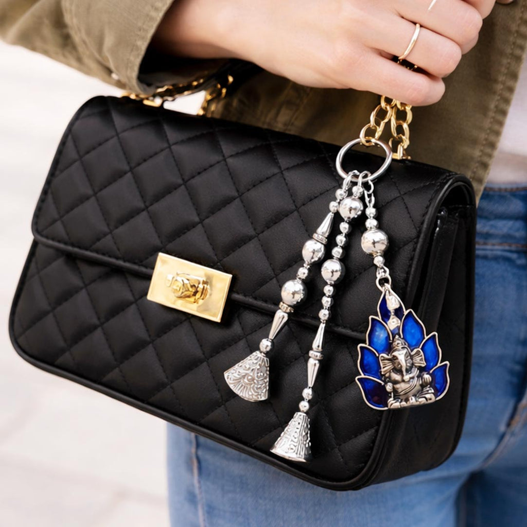 Suwasna Metal Lord Ganesha Evil Eye Bag Charm & Keychain with Mirror Tassel | Boho Ethnic Accessory India