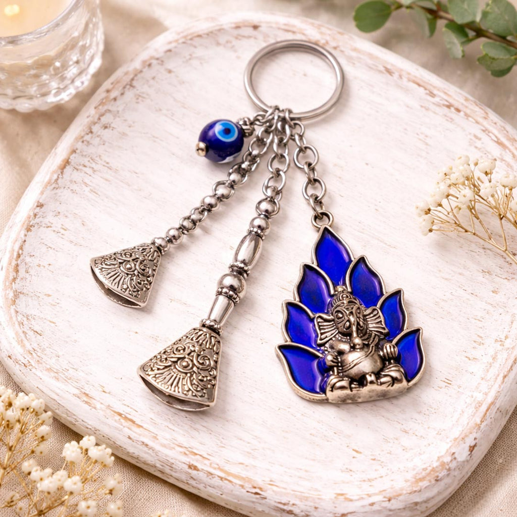 Suwasna Metal Lord Ganesha Evil Eye Bag Charm & Keychain with Mirror Tassel | Boho Ethnic Accessory India