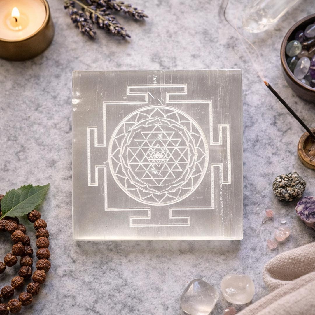 Selenite Shree Yantra Plate – Natural Crystal Display & Decorative Stone Plate | Suwasna