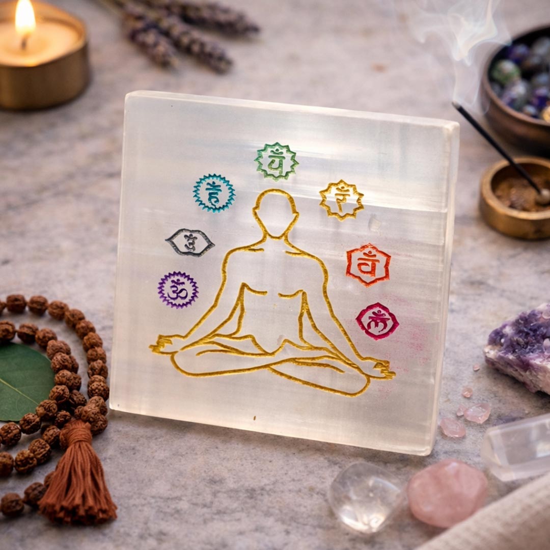 Selenite 7 Chakra Plate – Natural Crystal Display & Decorative Stone Plate | Suwasna
