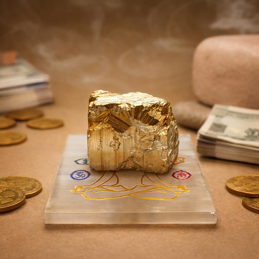 Natural Raw Pyrite Stone with Selenite Plate for Energy Protection & Abundance – Healing Crystal for Vastu & Reiki