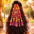 Suwasna Pink & Yellow Boho Pom-Pom Tassel Hair Tie with Gold Flower Charms | Festival, Garba & Casual Hair Accessory Design 12