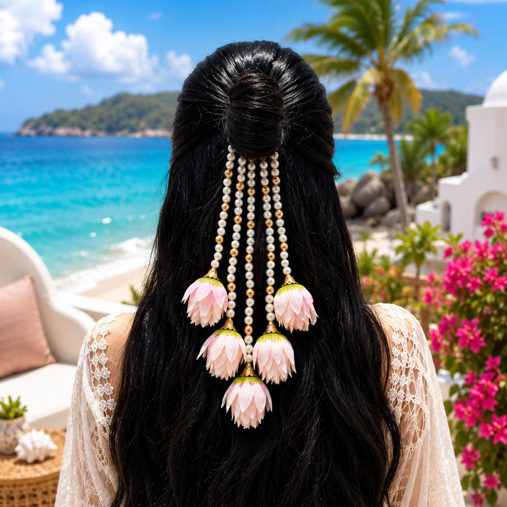 Pink Lotus Bud Gajra with Pearl Beads | Traditional Floral Hair Accessory