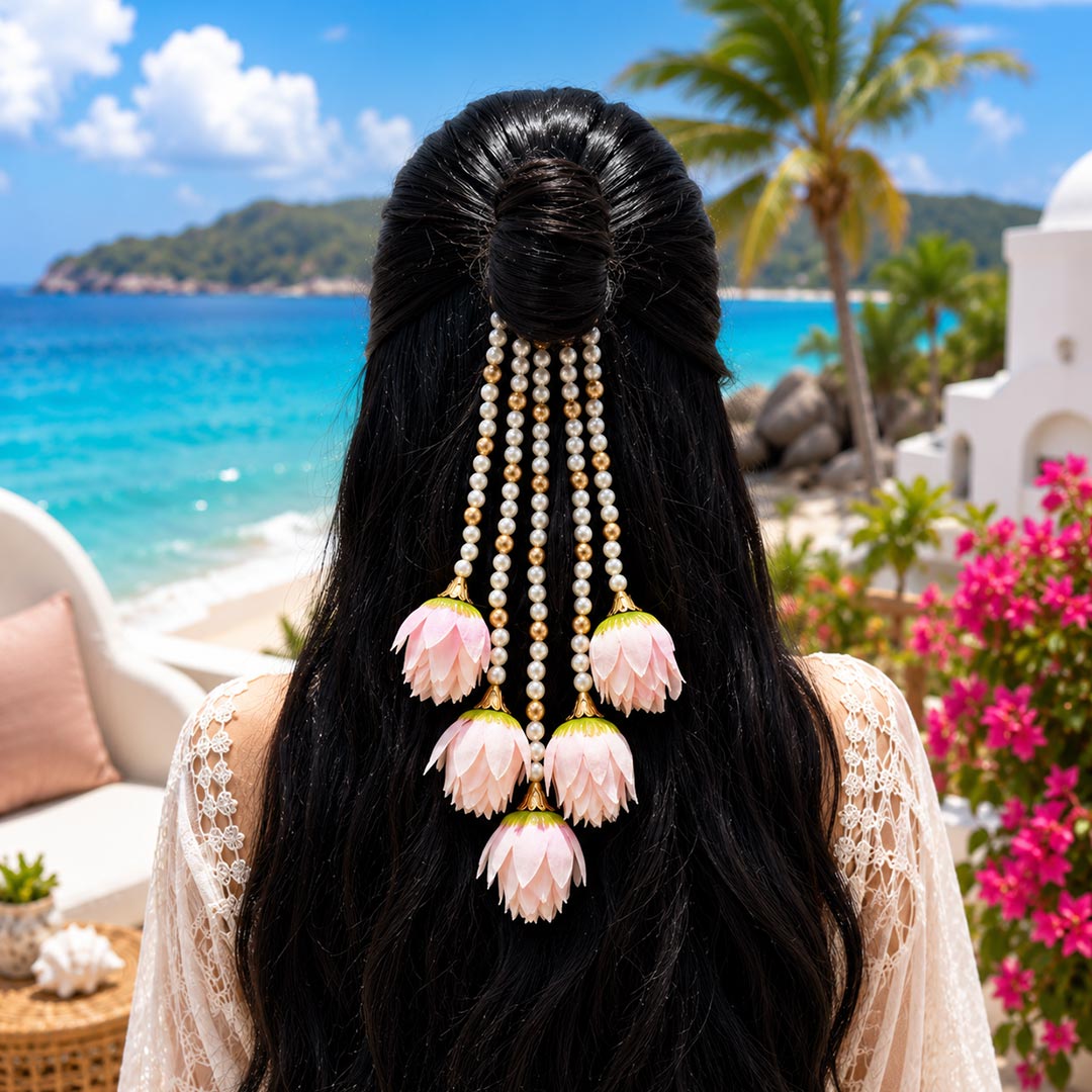 Pink Lotus Bud Gajra with Pearl Beads | Traditional Floral Hair Accessory