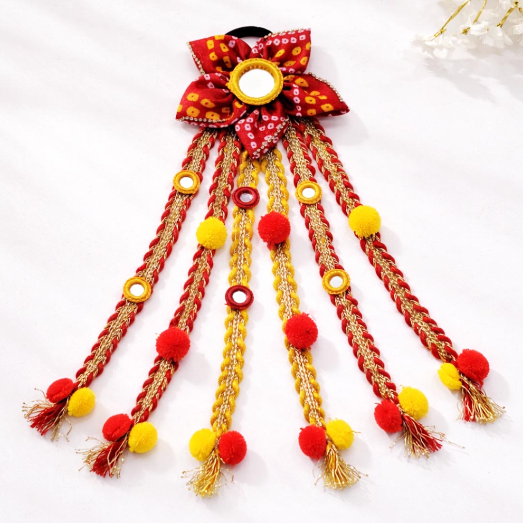 Suwasna Red & Yellow Boho Style Tassel Hair Tie with Real Glass Mirror and Pom Pom | Festival, Garba & Casual Hair Accessory Design 