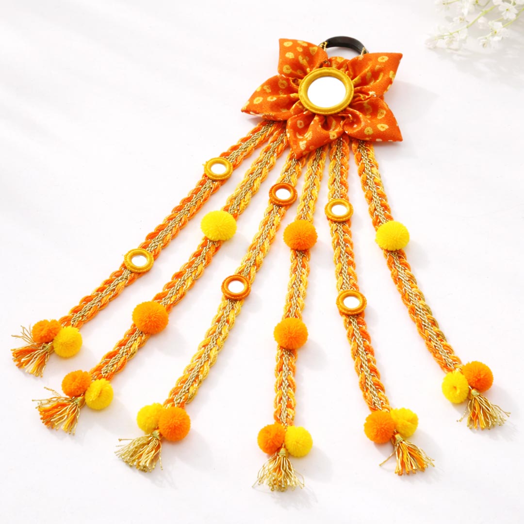 Suwasna Orange & Yellow Boho Style Tassel Hair Tie with Real Glass Mirror and Pom Pom | Festival, Garba & Casual Hair Accessory Design